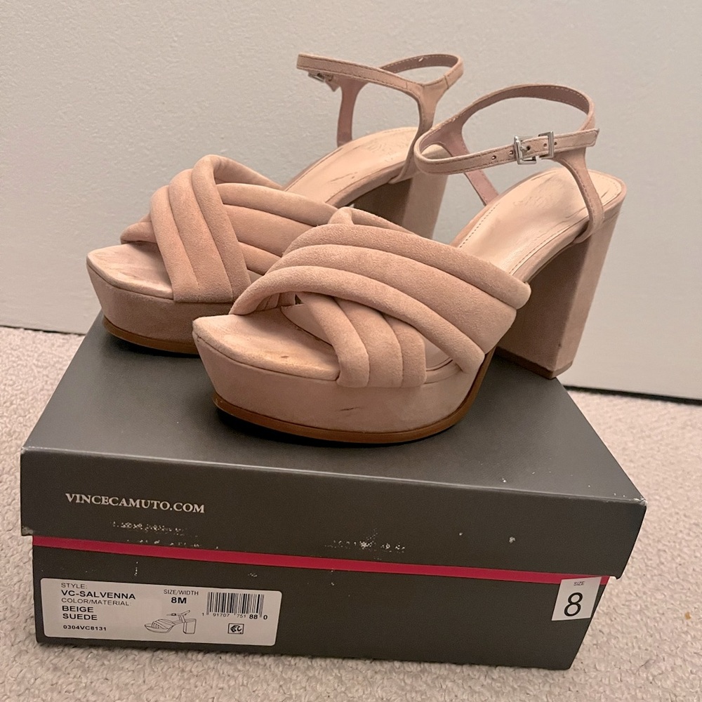Vince Camuto Salvenna Nude Suede Platform Heels, size 8